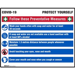 Brady Safety Sign Covid-19 Prevention Multi-Message 1500W x 1200mmH Corflute White/Blue