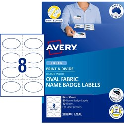 Avery Oval Fabric Name Badge Laser Labels White L7433 84 x 50mm 8UP 80 Labels