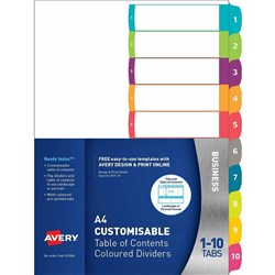 Avery L7411-10 Customisable Dividers A4 1-10 Index Tabs Bright Assorted