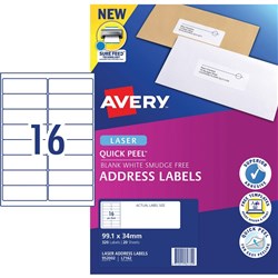 Avery Quick Peel Address Laser Labels White L7162 99.1x34mm 16UP 320 Labels 20 Sheets