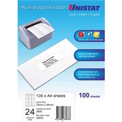 Unistat Laser Copier & Inkjet Labels 70x36mm 24UP 2400 Labels 100 Sheets